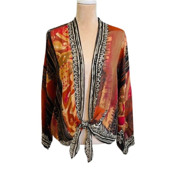 Chico's 100% Silk Natural Fiber Boho Open Front Cropped Kimono Jacket L/XL - Picture 2 of 7